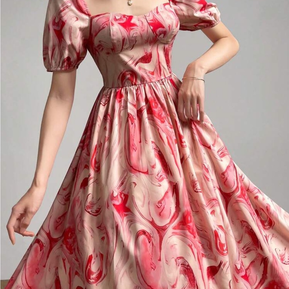 SHEIN Pink Ruched Puff Sleeve Midi Dress